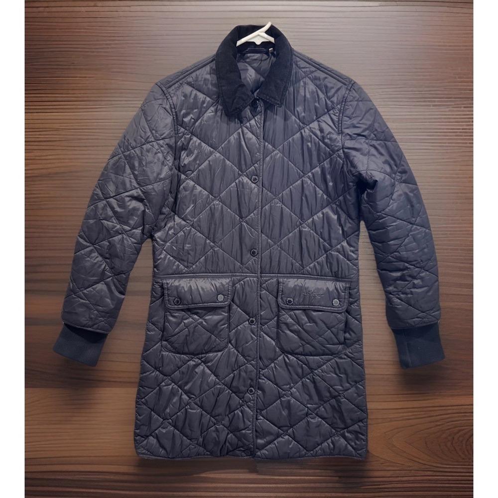 BARBOUR Womens Jedburgh Long Quilted Jacket Sz 4 Small Blue Puffer Coat Lightwt
